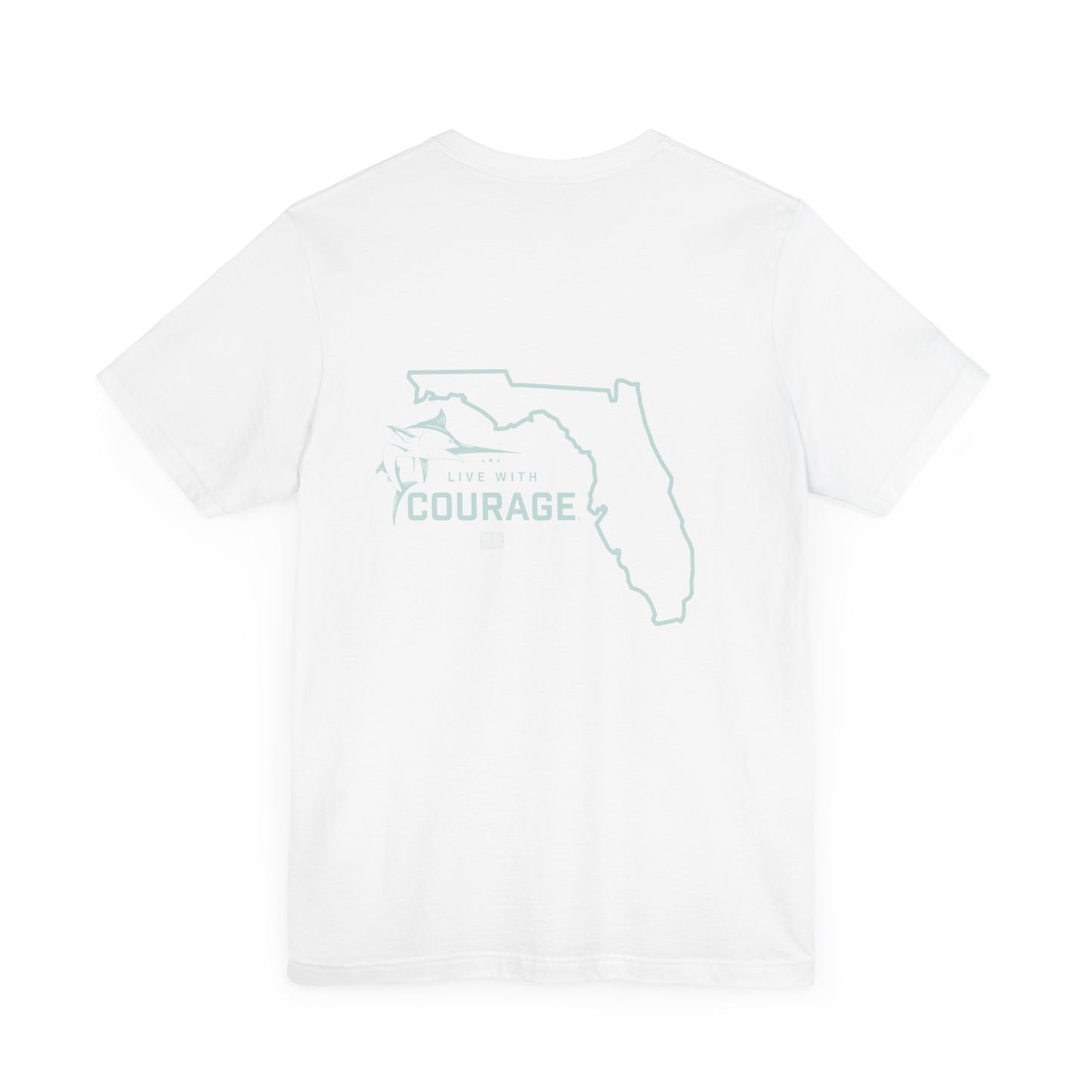 This white short sleeve tee shirt has an outline of the state of Florida. To the left of the outline is a jumping marlin positioned just above our with our Live With Courage® logo. 