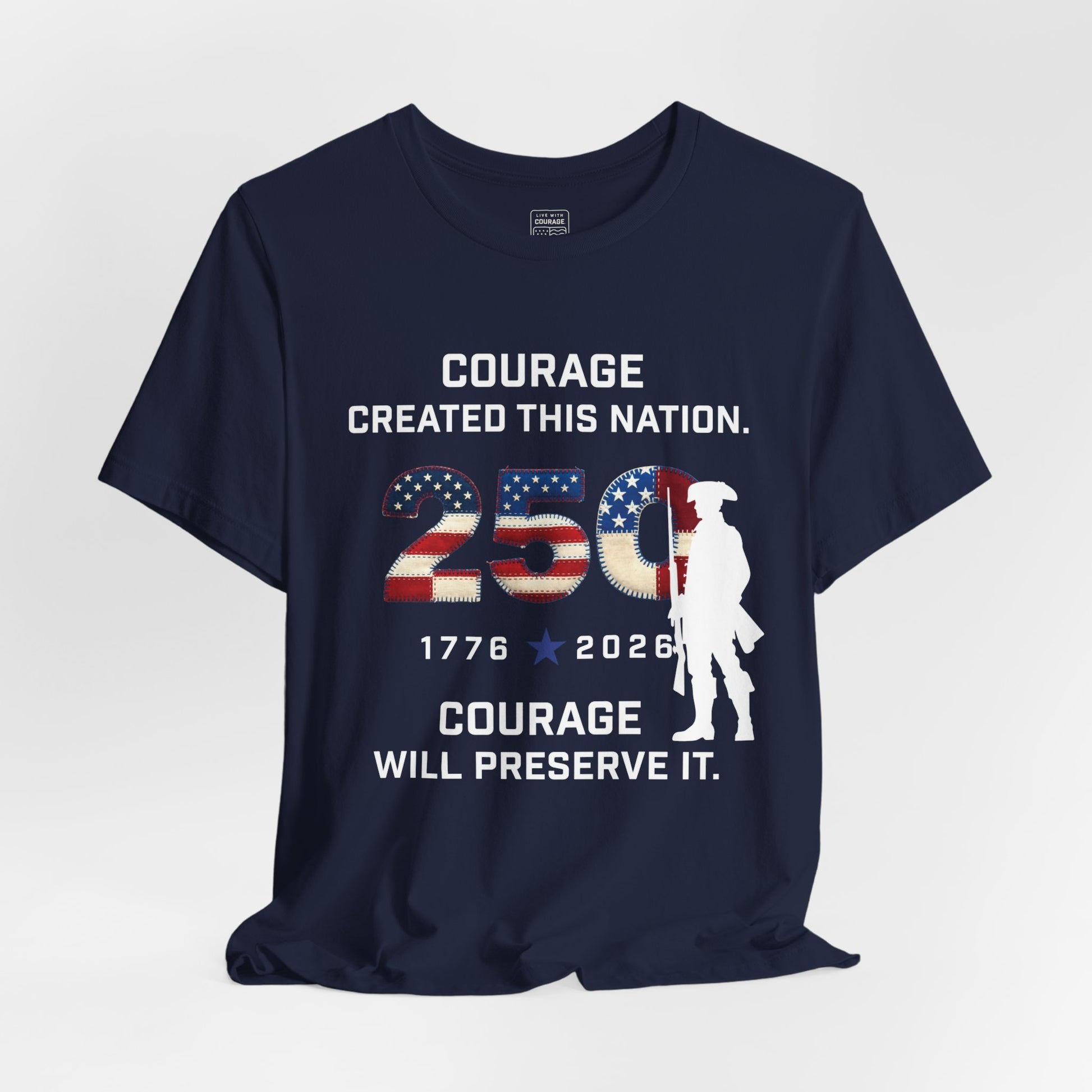 Navy blue t-shirt with American flag design and text on a white background