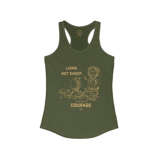 Army green women's racerback tank top with bold gold "Lions Not Sheep" text on the front. Christian-inspired patriotic design from Live With Courage®.