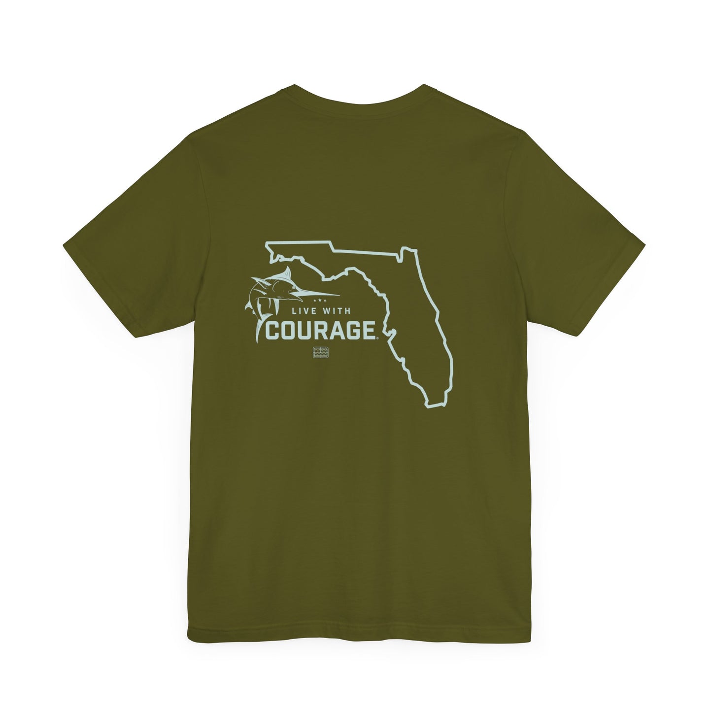 This olive short sleeve tee shirt has an outline of the state of Florida. To the left of the outline is a jumping marlin positioned just above our with our Live With Courage® logo. 