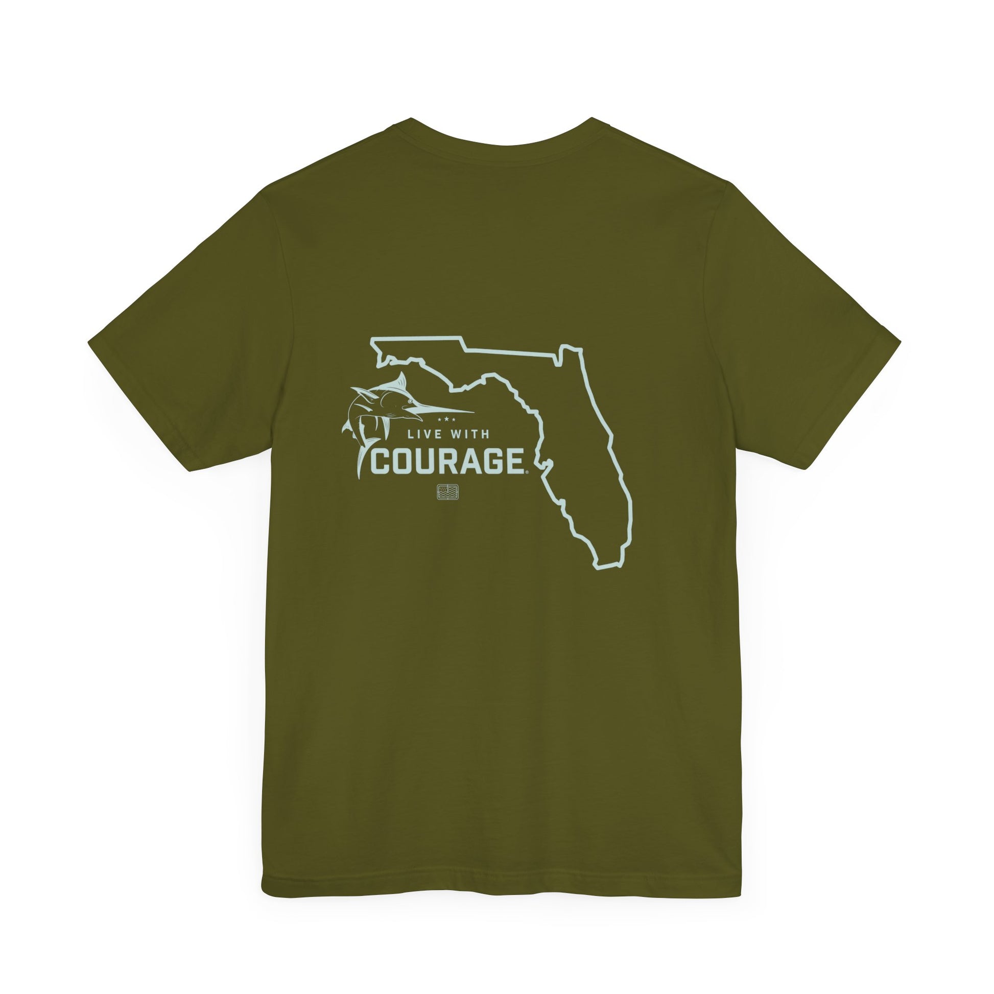 This olive short sleeve tee shirt has an outline of the state of Florida. To the left of the outline is a jumping marlin positioned just above our with our Live With Courage® logo. 