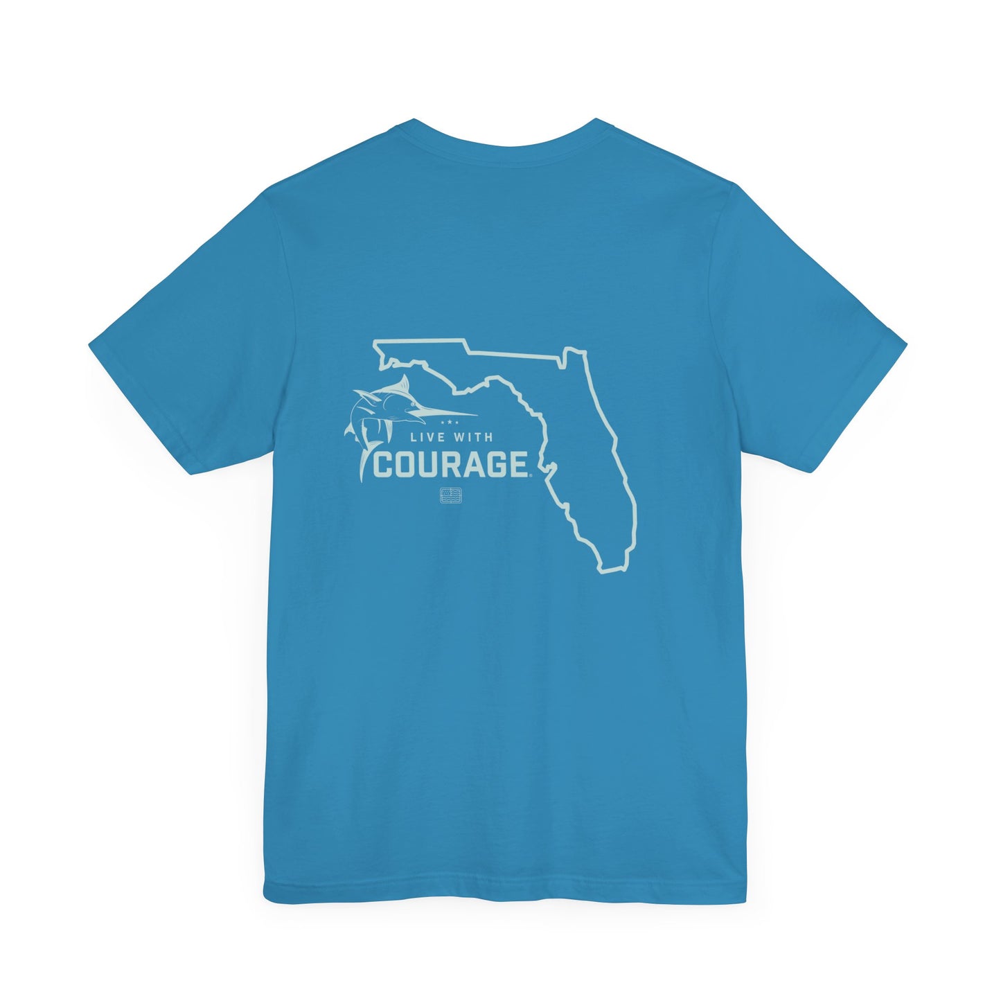 This aqua short sleeve tee shirt has an outline of the state of Florida. To the left of the outline is a jumping marlin positioned just above our with our Live With Courage® logo. 