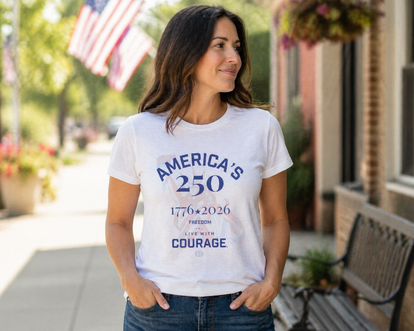 America’s 250 Women’s T-Shirt – Freedom & Courage Patriotic Tee (1776–2026)