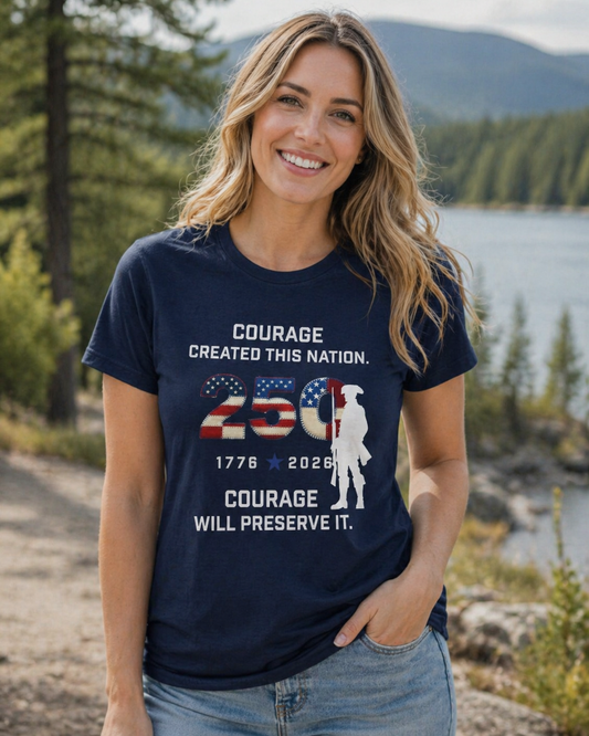 America 250 Women’s T-Shirt – Courage Created This Nation (Navy)