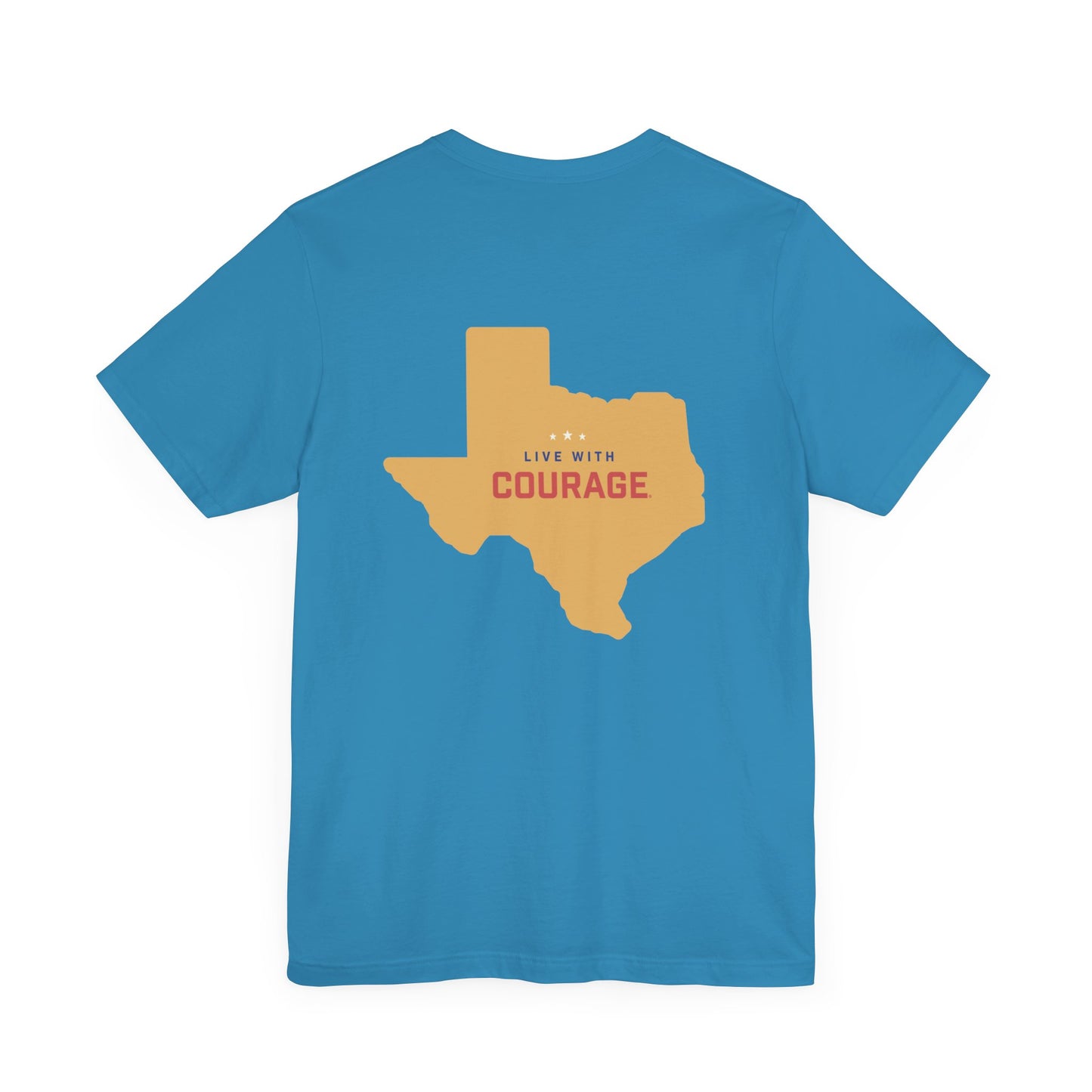 a blue t shirt with the outline of the state of Texas in gold and the words Live With Courage®️ in red white and blue in the center.