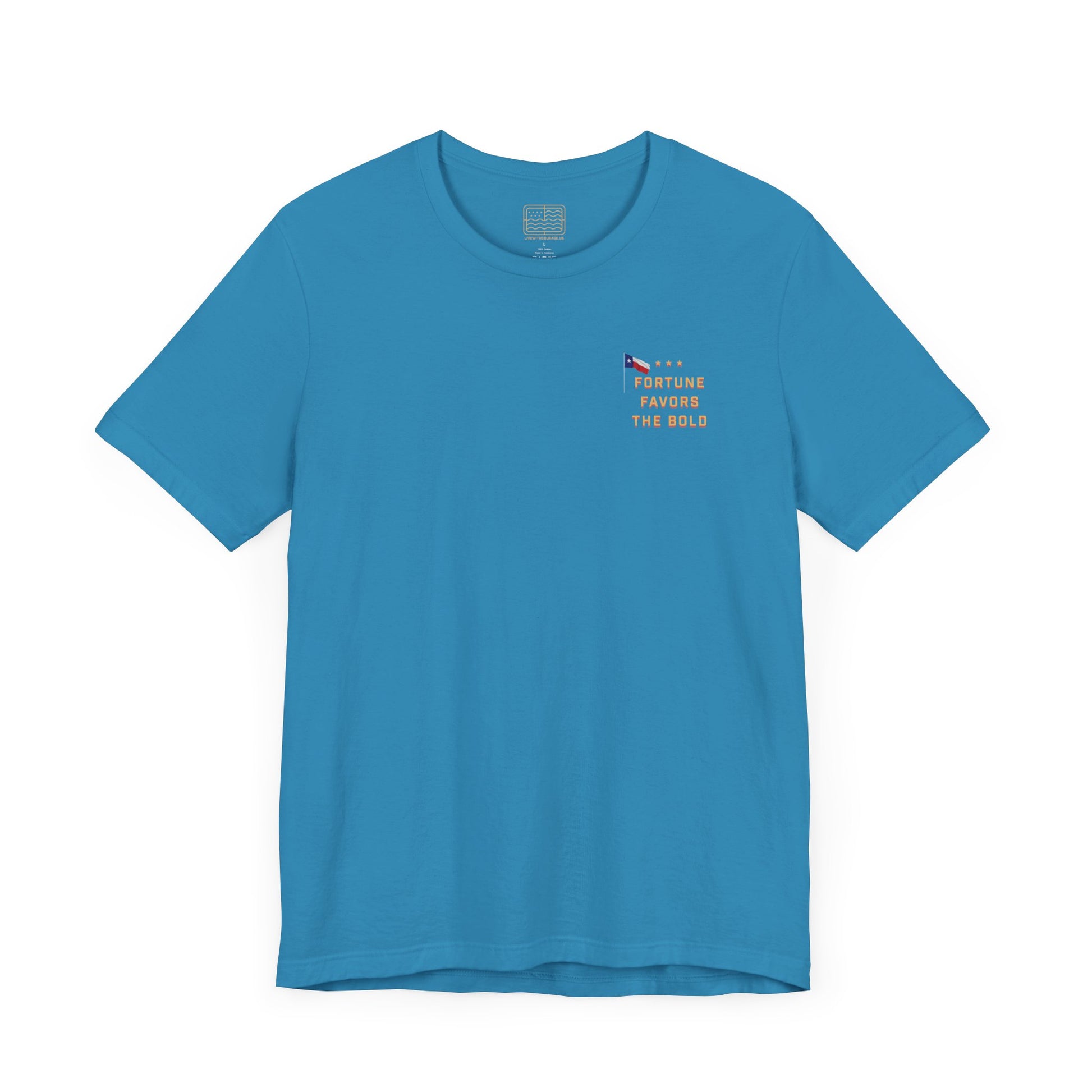 The front of a blue T shirt with Fortune Favors the Bold on the chest with the Texas flag.