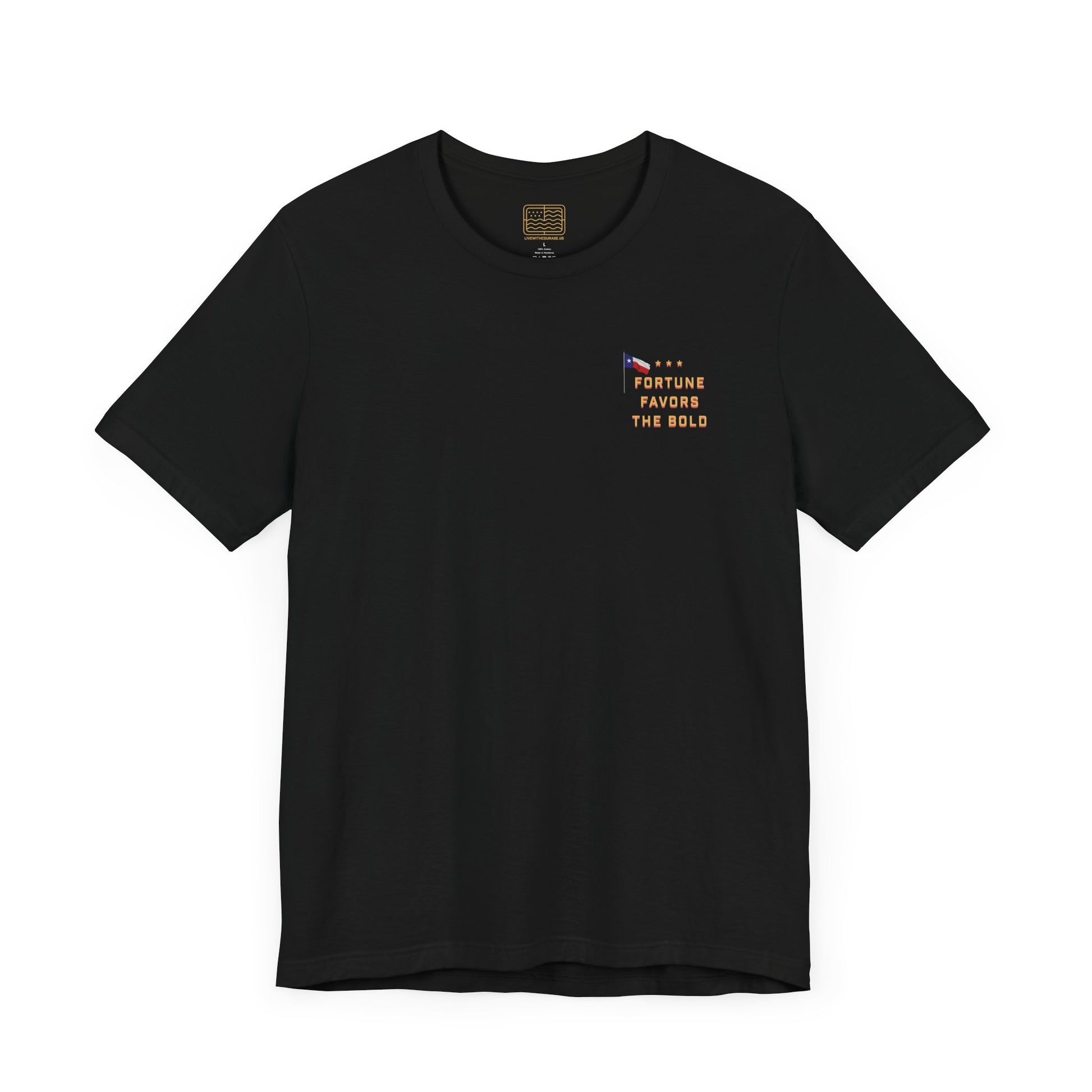 The front of a black T shirt with Fortune Favors the Bold on the chest with the Texas flag.