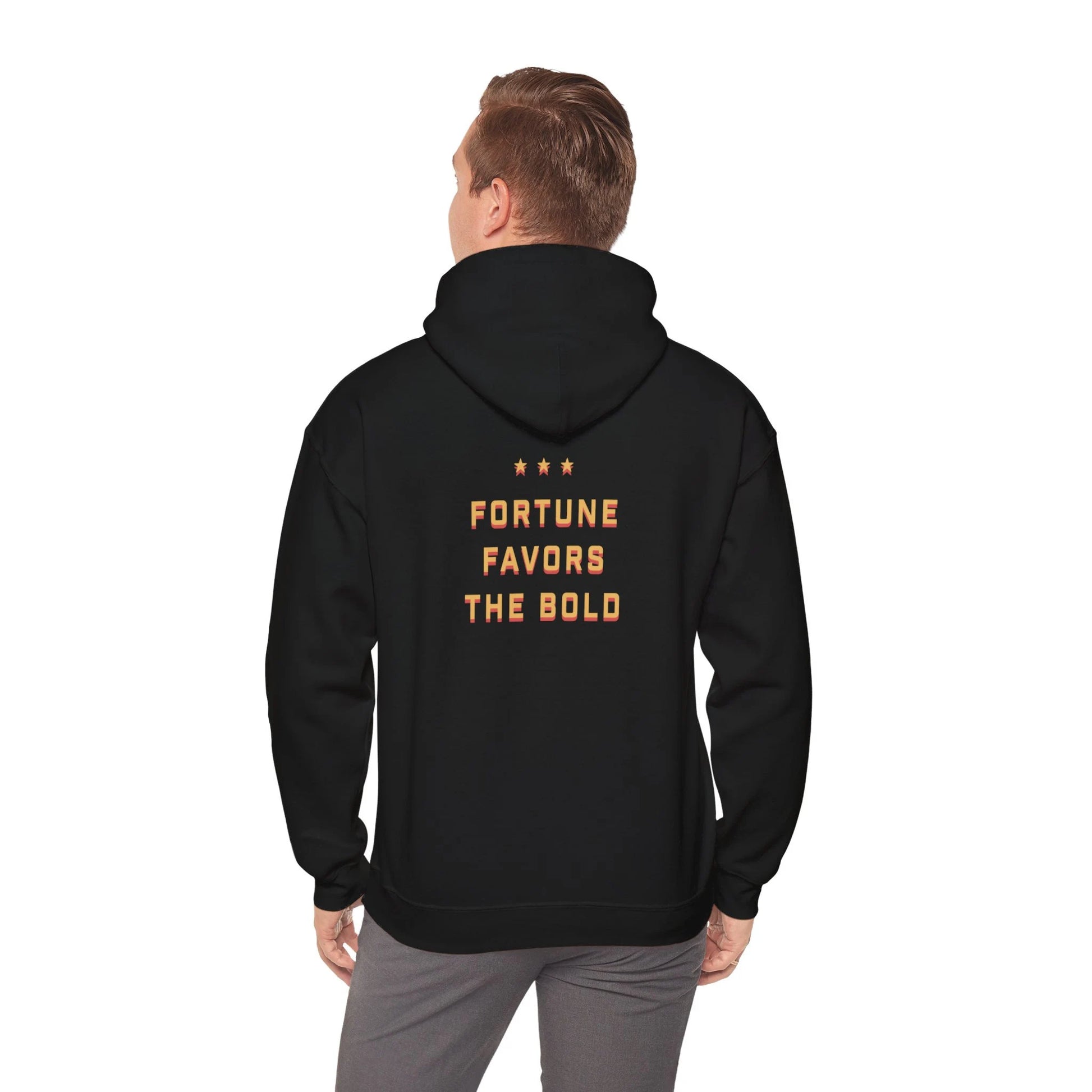 A person wearing a black hooded sweatshirt with the text 'FORTUNE FAVORS THE BOLD' on the back.
