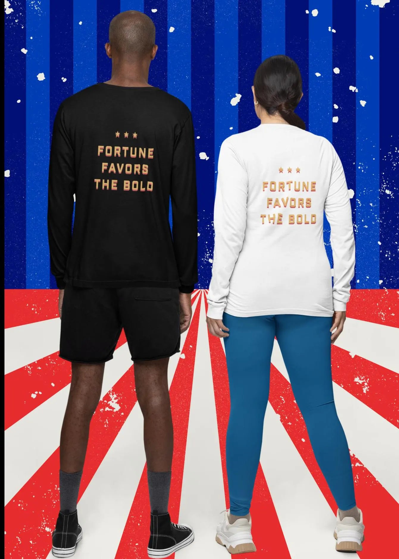 A man and a woman in an American flag scene wearing a long sleeve tee shirt with the words Fortune Favors the Bold.